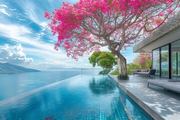 Wall Mural - A modern house with a swimming pool overlooking the vast blue ocean on a sunny day