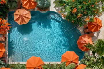 Aufkleber - Overhead View of Pool With Orange Umbrellas