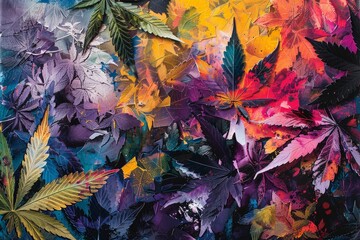 Poster - A vibrant painting featuring detailed marijuana leaves in various shades of green, purple, and orange