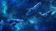 Whales swimming in the space sea. A fascinating fairy-tale landscape in space. Galaxy, sky, stars and fish on a blue-purple background