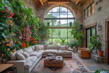 Poster - A living room featuring a large wall filled with various plants, creating a natural and vibrant atmosphere