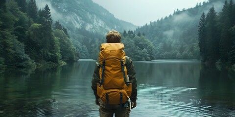 Canvas Print - Solitary hiker stands at the edge of a serene mountain lake surrounded by lush forests and towering peaks embarking on a transformative outdoor