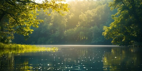 Canvas Print - Lush Green Forest Reflecting in Tranquil Lakeside Landscape with Warm Sunlight Filtering Through Foliage