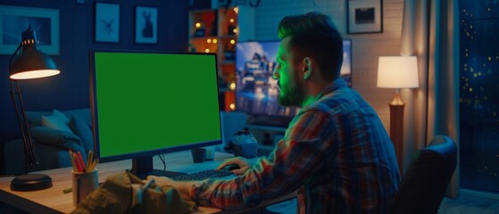 Wall Mural - Photograph of a creative man using a computer with a mock-up green screen at his desk. Male specialist working late at night in a game development startup, finishing details