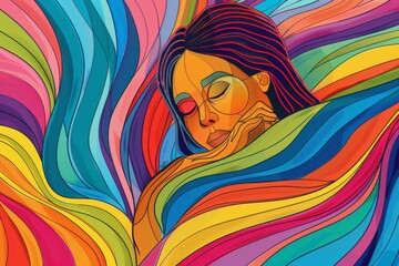 Poster - Illustration of a woman peacefully sleeping in a vibrant, colorful bed