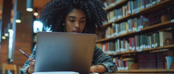 Poster - A beautiful and attractive multi-ethnic student in a public library using a laptop computer and taking notes on paper.