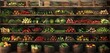 Rows of neatly stacked wooden shelves brimming with an assortment of farm-fresh vegetables.