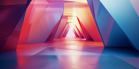 Wall Mural - An abstract view of a hallway in a building, featuring a unique background design wallpaper. The hallway stretches into the distance, creating a sense of depth and dimension