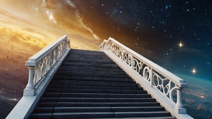 Beautiful staircase into astral heaven city, merging with golden light and stars, representing the journey to unknown realms of god