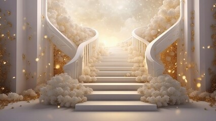 Poster - White staircase into heaven, angelical realm, merging with golden light and stars, representing the journey to unknown realms of thought