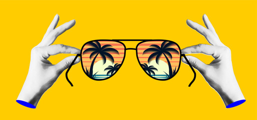 Collage hands holding  sunglasses with a beach view. Concept design for banners. posters. travel agency Vector illustration EPS 10