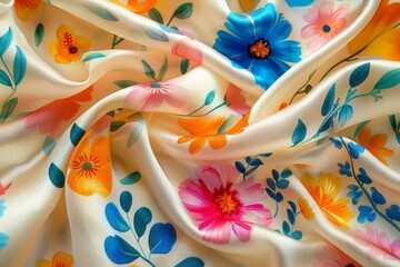 Poster - Detailed view of a vibrant silk fabric adorned with intricate floral patterns, showcasing a mix of bold colors and delicate details