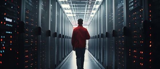 Poster - Photograph of an IT engineer walking through a data center filled with rows of working rack servers.