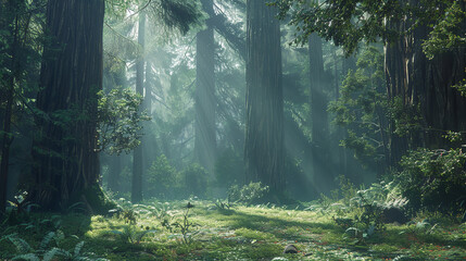 Canvas Print - Mystical Redwood Forest with Sunlit Floor  