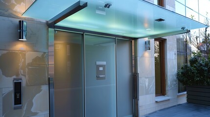 Wall Mural - Modern luxury entrance with a frosted glass canopy and a digital door lock