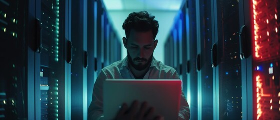 Poster - The IT engineer in the data center stands in front of the rack cabinet working on his laptop. He runs diagnostics or maintenance work on the server.
