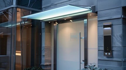 Wall Mural - Modern luxury entrance with a frosted glass canopy and a digital door lock