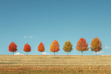 Poster - Vibrant Autumn Trees in A Row Against Clear Blue Sky