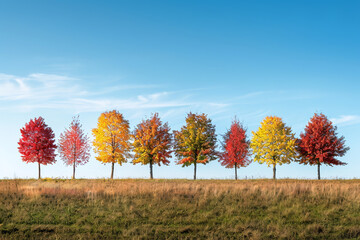 Sticker - Vibrant Autumn Trees in A Row Against Clear Blue Sky