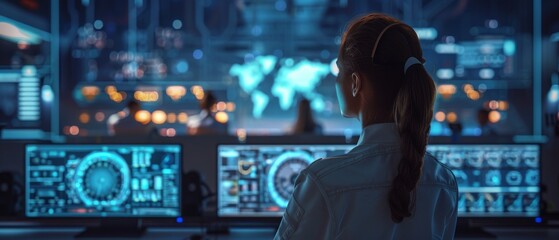 Poster - The engineer controller observes the system working while people work in the background and monitors show various information.
