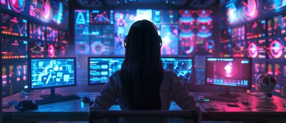 Poster - Fugitive is being tracked by a government agent with a computer in a large monitoring room with animated screens.