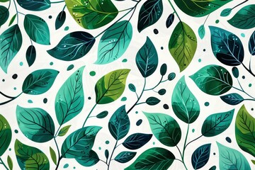Poster - Repeating pattern of vibrant green leaves on a clean white background