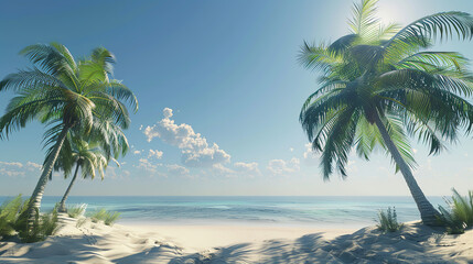 Canvas Print - Tropical Palm Trees on Sunny Beach with Clear Blue Sky