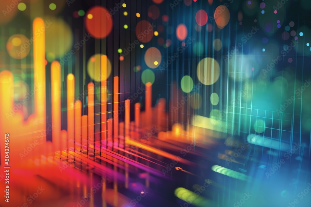 Vivid colorful background showing graphs, charts and data points with a ...
