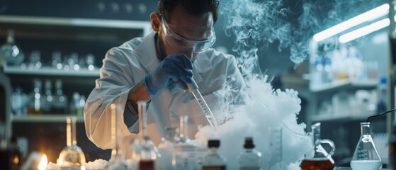 Poster - Researchers mix smoking compounds in beakers in a laboratory.