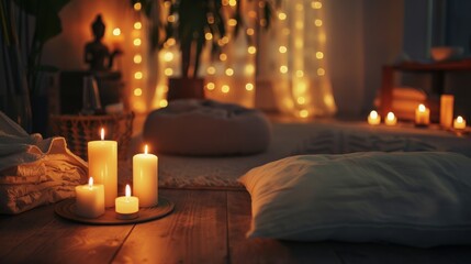 A relaxing, cozy meditation room with cushions, candles and warm lights.