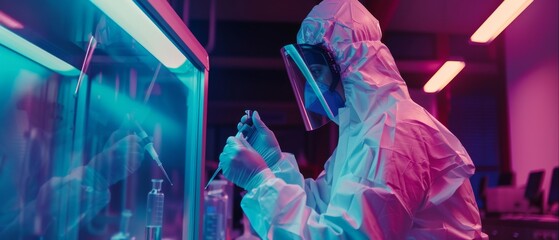 Poster - Virology research scientist wearing hazmat suit with mask works in sterile high-tech laboratory in research facility using micropipettes.
