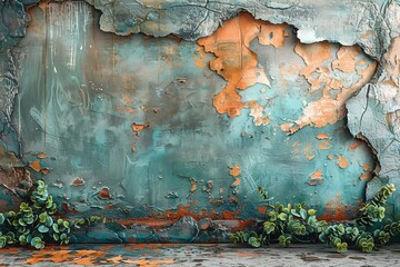 Aufkleber - Rusted Wall With Green Plants