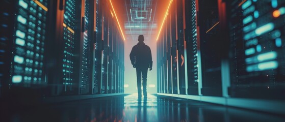 Poster - An employee of a server technician walks passing rows of server racks as they work in a data center.