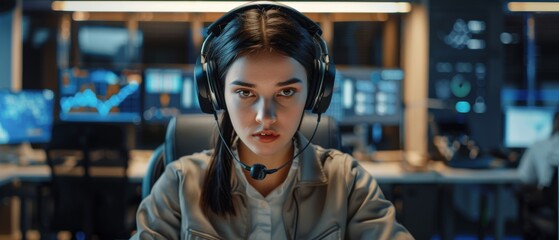Poster - the female customer service representative answers clients' questions as she wears a headset. the of