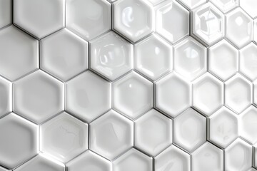 Poster - Close-up of a white hexagonal tiled pattern with a shiny, reflective surface that creates a clean and modern geometric texture