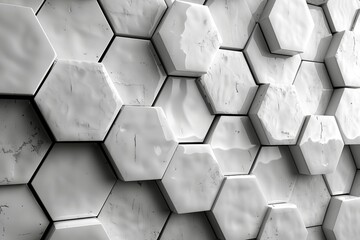 Poster - Three-dimensional hexagonal tiles creating an intriguing geometric pattern, offering depth and contrast in shades of gray