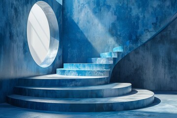Poster - A vibrant blue staircase spirals up towards a circular opening that casts an intriguing shadow play, embodying architectural beauty