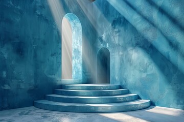 Poster - A serene blue room with sunlight filtering in through arched windows and illuminating the circular stairs