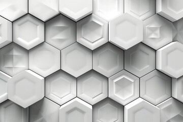 Poster - This image features a 3D rendered pattern of white hexagons creating a textured geometric surface