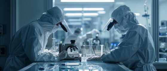 Poster - Using sterile cleanroom suits, two engineers/scientists/technicians adjust machinery and use microscopes for component adjustment and research in a factory.