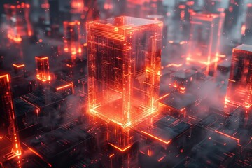 Poster - Deep blue glowing digital cubes in a foggy environment, depicting concepts of data and network in a digital world