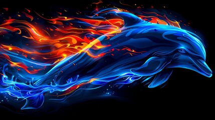 Aufkleber - a couple of dolphins that are in the water. a magical creature made of fire on black background.