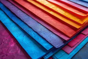 Poster - Close-up view of arranged colored paper layers with visible water droplets give a vivid, textural feel