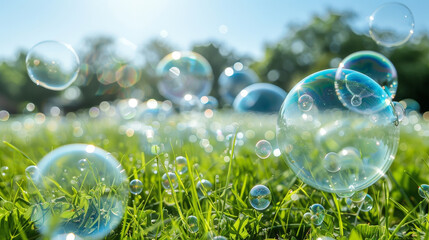 Aufkleber - Soap bubbles from a bubble blower floating among blades of grass in a meadow on a sunny day