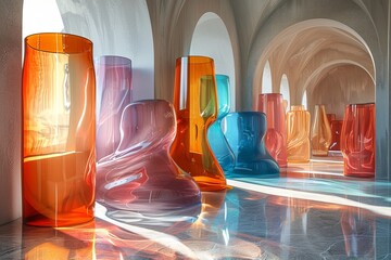 Poster - A beautiful array of colorful translucent glass sculptures displayed in an arched hallway illuminated by warm sunlight