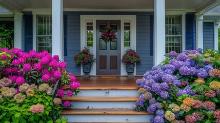 Poster - Bright purple hydrangea in full bloom lining the front steps of a house, adding a pop of color to the entrance