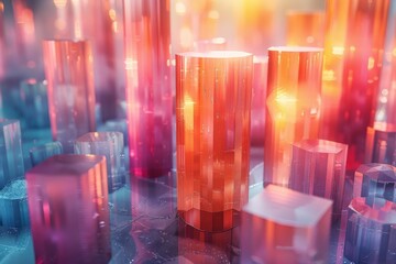 Poster - Bright neon colors bring to life an array of cylindrical shapes that resemble a futuristic cityscape at twilight