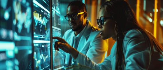 Poster - The Transparent Display Computer Shows Economical Graphs, Analysis of Trade, and Future User Interface. Male and Female Trade Agents Discuss.