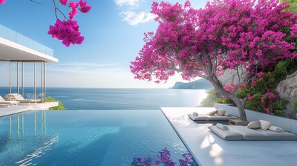 Poster - A modern house with a spacious pool located on a cliff, offering stunning views of the vast ocean