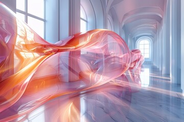 Poster - A bright red, abstract object flows through a corridor of a modern architecture, reflecting light and color